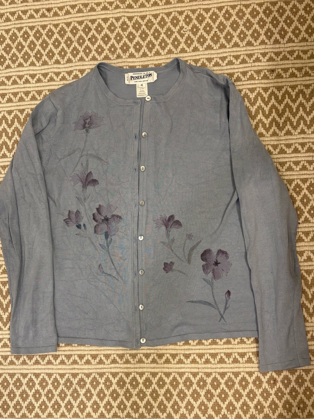 Vintage Pendleton Silk Blend Floral Cardigan Sweater Blue Medium Coastal Grandma
